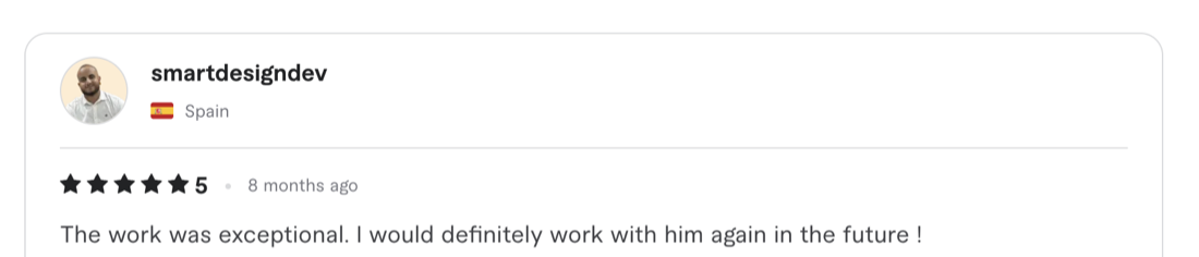 Verified 5-star client review from Fiverr / Upwork