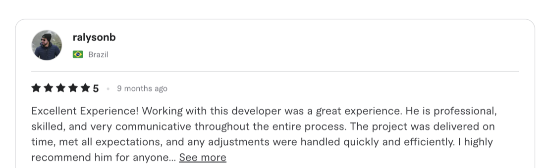 Verified 5-star client review from Fiverr / Upwork