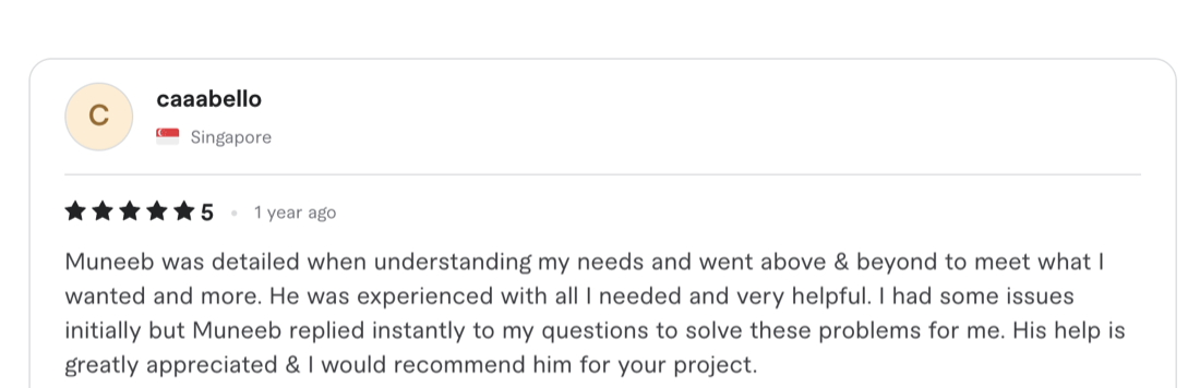 Verified 5-star client review from Fiverr / Upwork