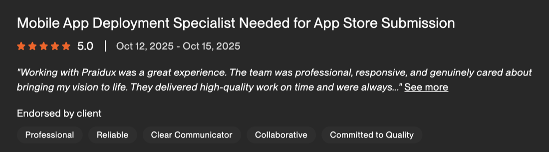 Verified 5-star client review from Fiverr / Upwork